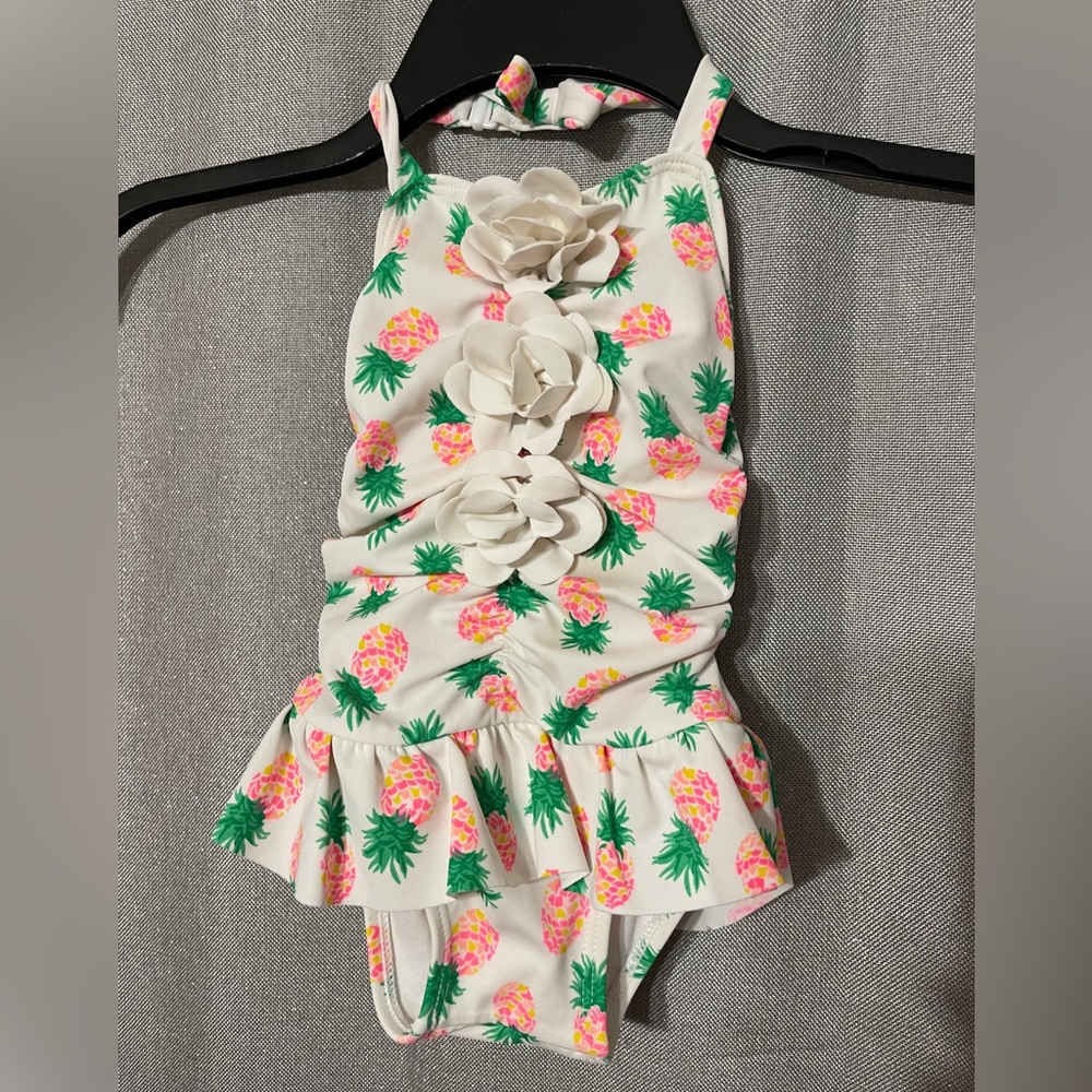 Janie and Jack White pink ruffle Pineapple floral girls Swimsuit 12-18 months